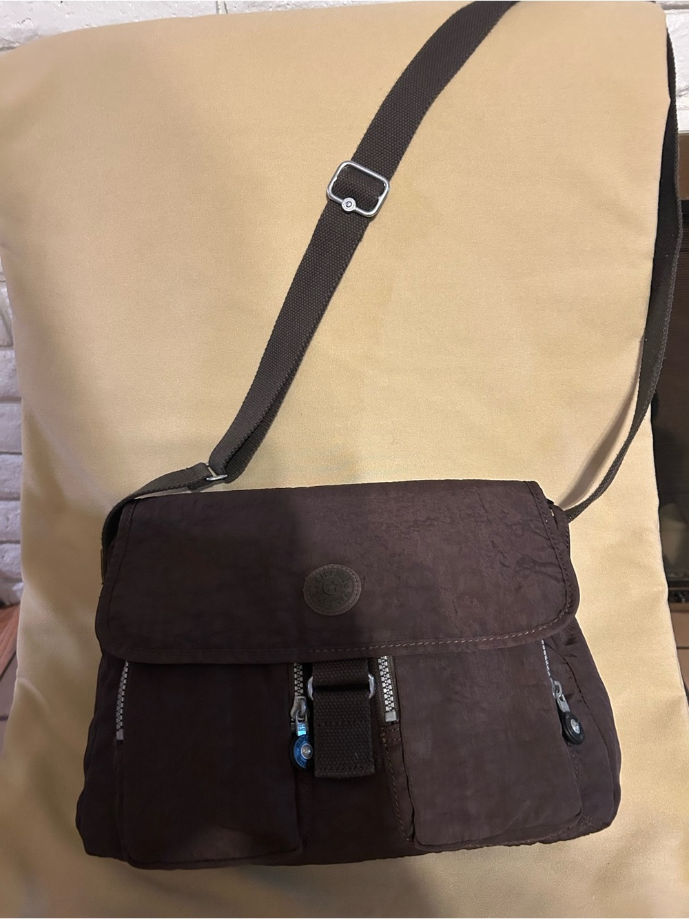 Kipling Dark Gray Crossover Bag w/ strap. Zippered closures & Velcro Flap.